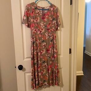 entro Taupe Floral Midi Dress with Pink & White Blooms